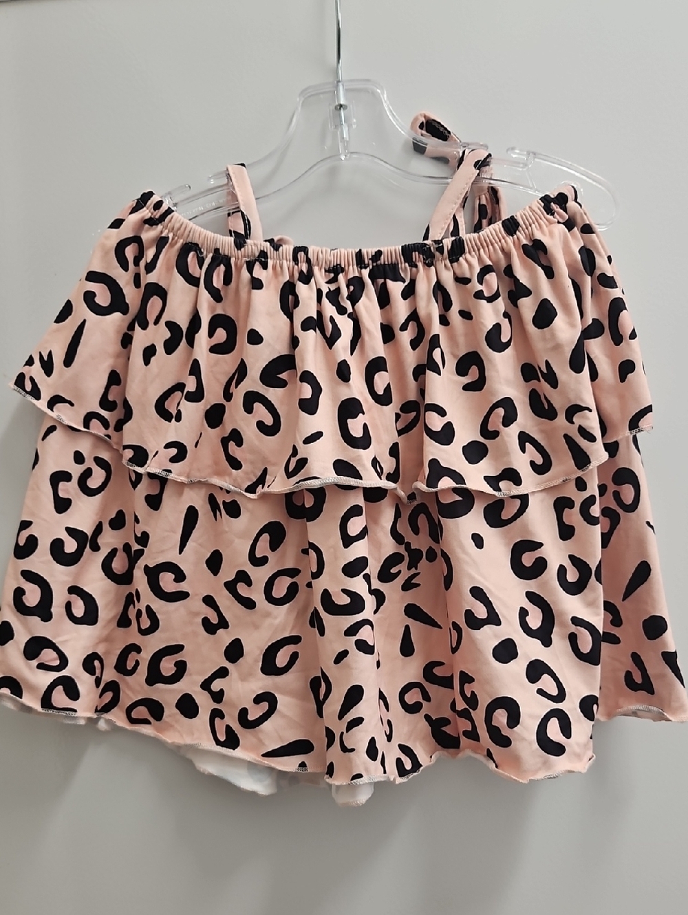 Girls - Blush Pink Leopard Print Off-Shoulder Ruffle Top